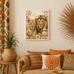Quadro Artístico Leão e Leoa Com Flores