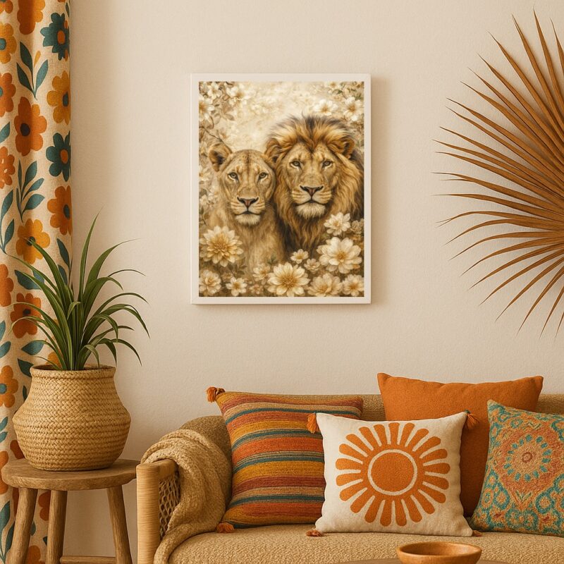 Quadro Artístico Leão e Leoa Com Flores