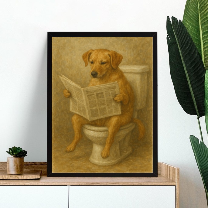 Quadro Cão Caramelo No Banheiro Lendo Jornal b