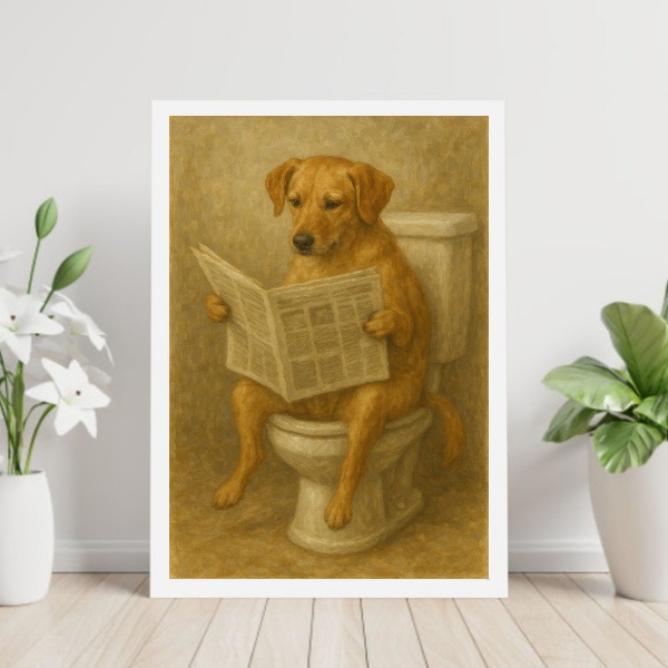 Quadro Cão Caramelo No Banheiro Lendo Jornal