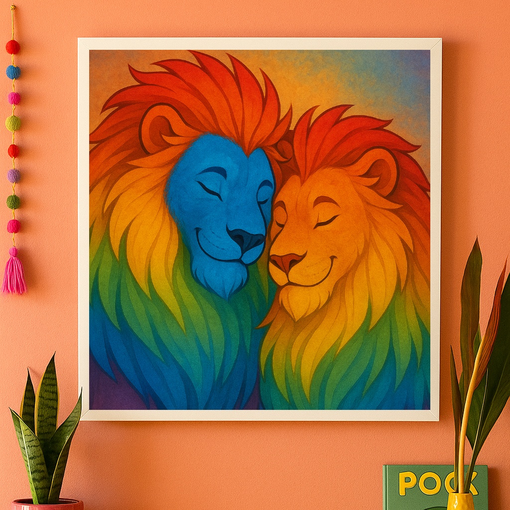 Quadro Casal de Leões Gay Lgbt - 33X33 Cm