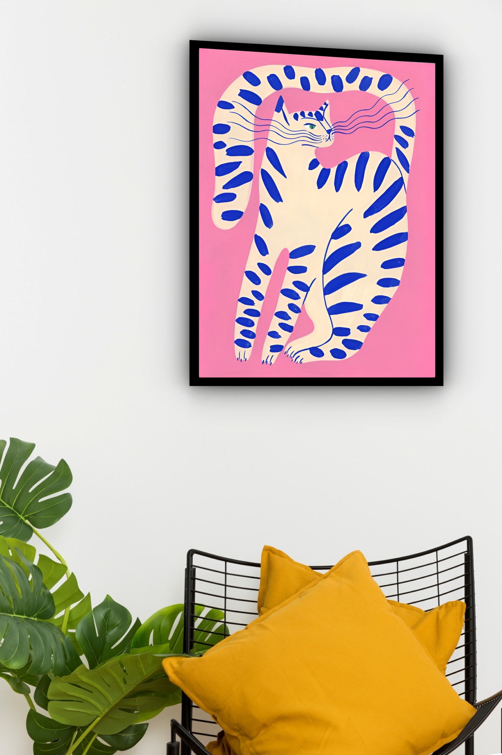 Quadro Decorativo Arte Gato Fundo Rosa - 70x50 cm
