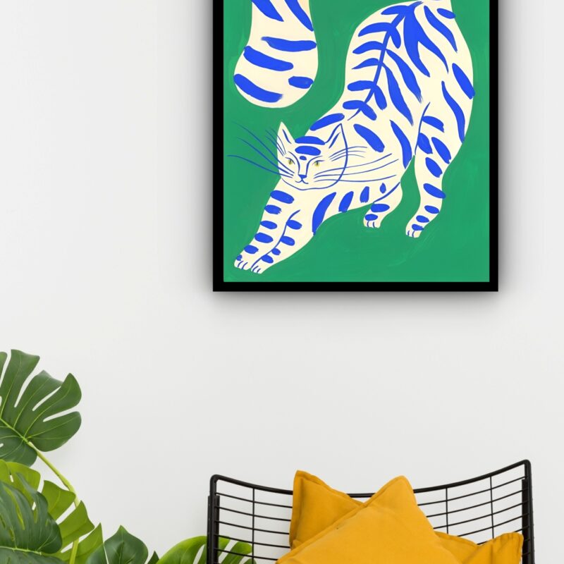 Quadro Decorativo Arte Gato Fundo Verde - 70x50 cm