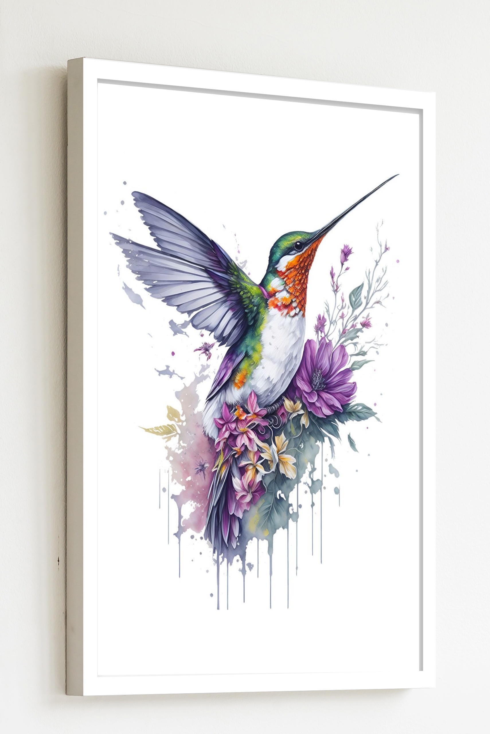 Quadro Decorativo Beija Flor Flores Lilás - 70x50 cm