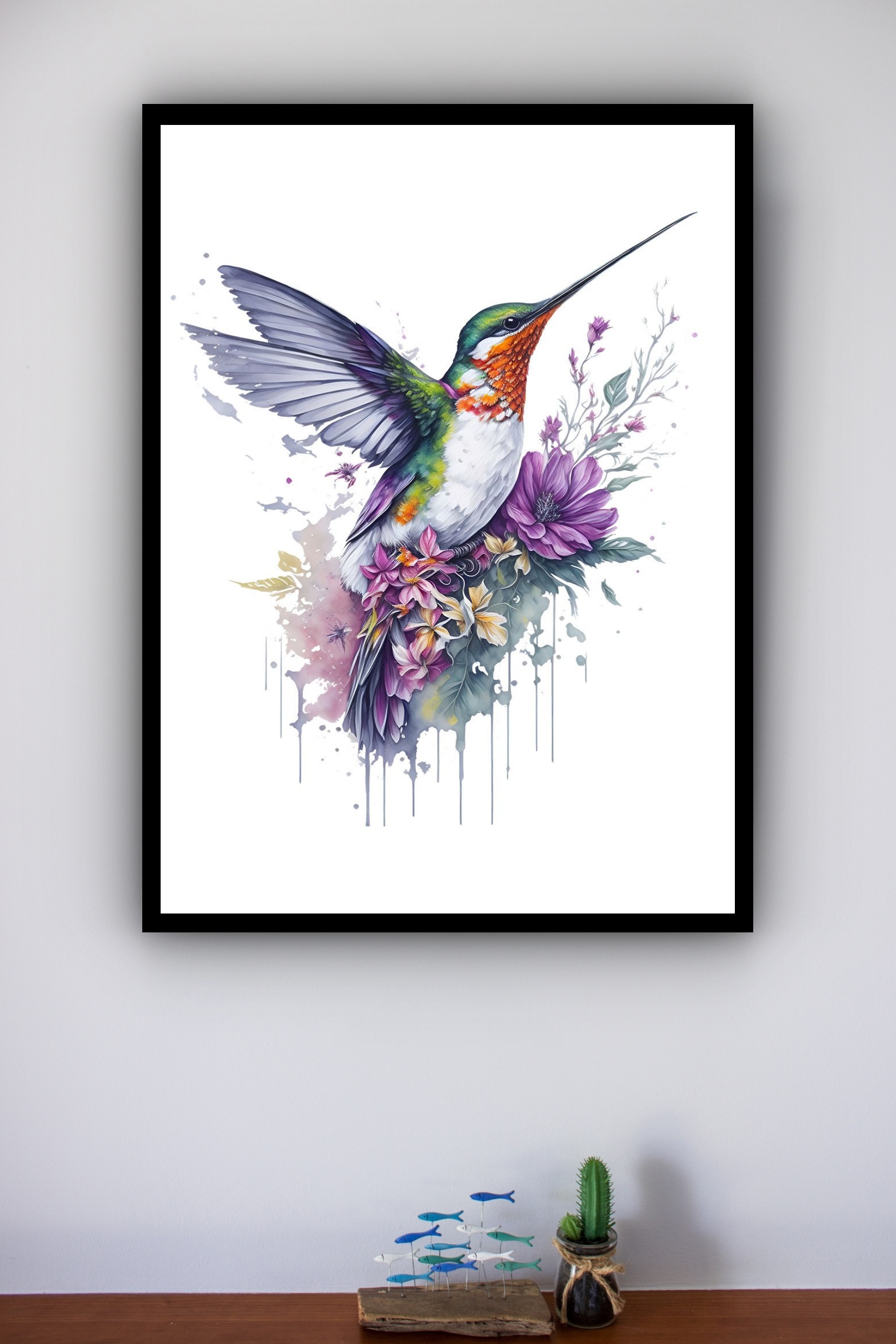 Quadro Decorativo Beija Flor Flores Lilás - 70x50 cm