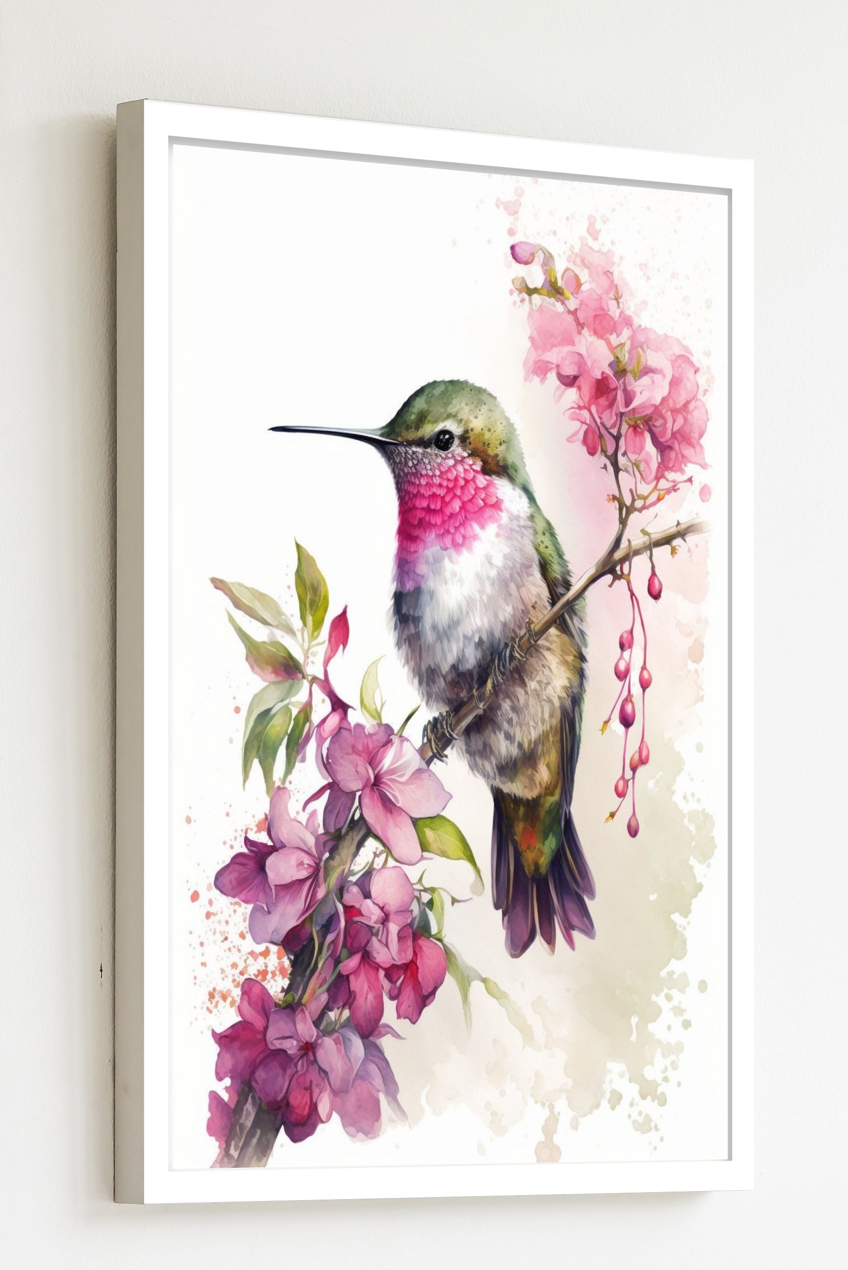 Quadro Decorativo Beija Flor Flores Rosa - 70x50 cm