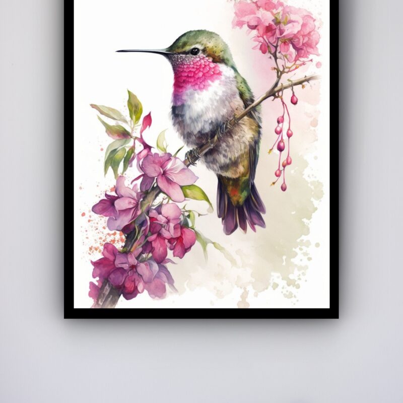 Quadro Decorativo Beija Flor Flores Rosa - 70x50 cm