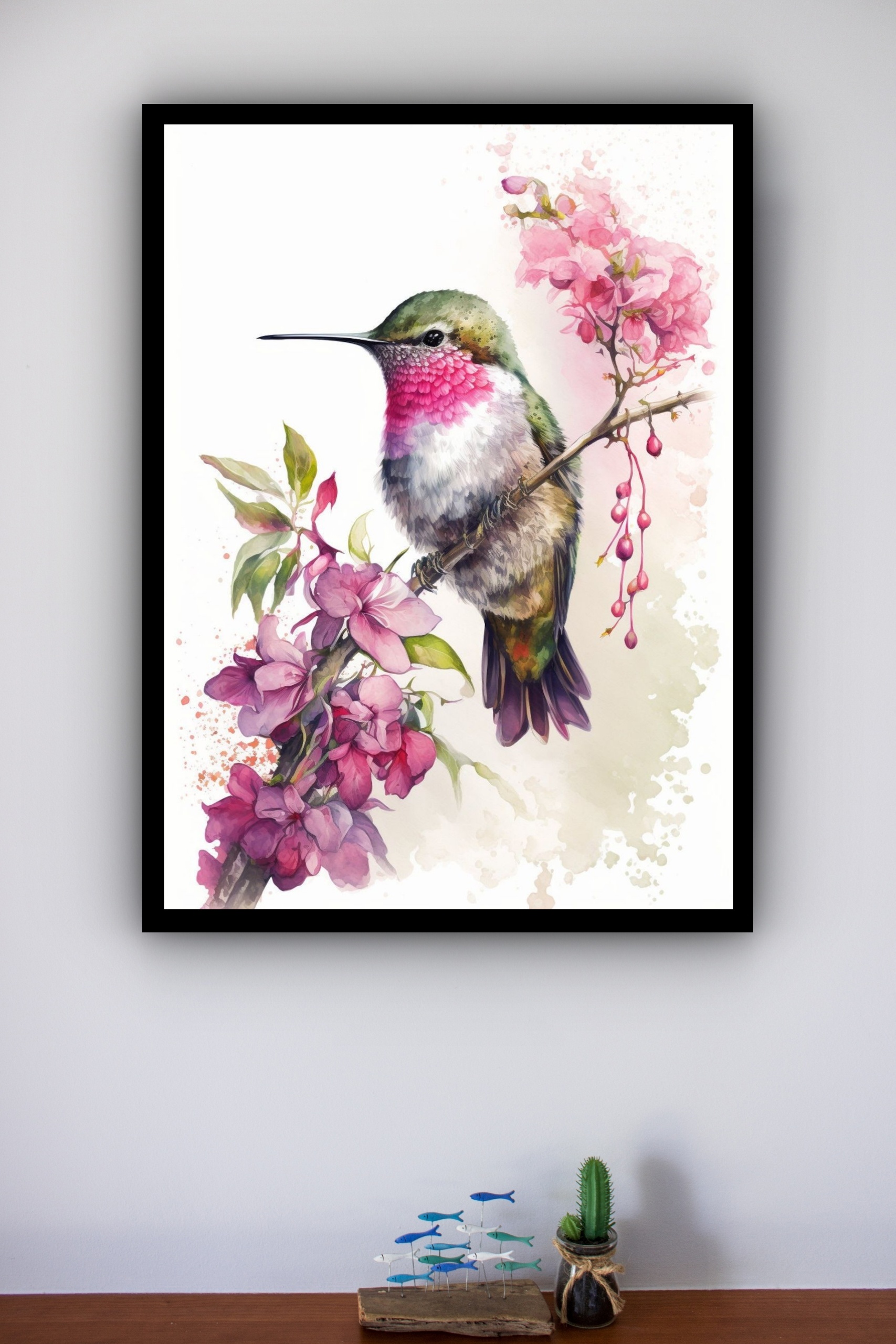Quadro Decorativo Beija Flor Flores Rosa - 70x50 cm