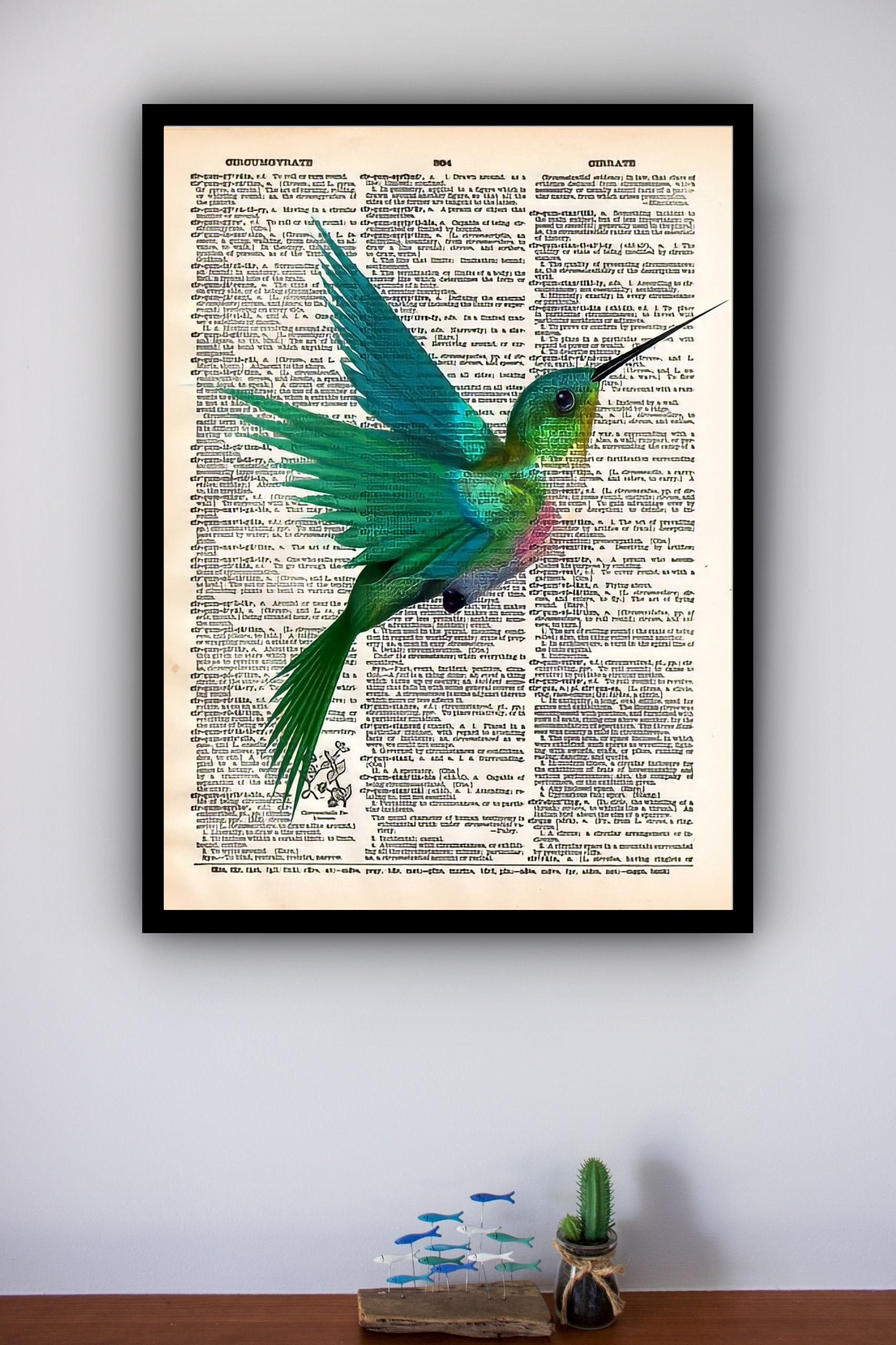 Quadro Decorativo Beija Flor Verde Vintage - 70x50 cm