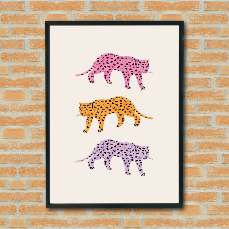 Quadro Decorativo Boho Trio Leopardos Coloridos - 70x50 cm