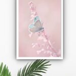 Quadro Decorativo Borboleta Azul Flor Rosa - 70x50 cm