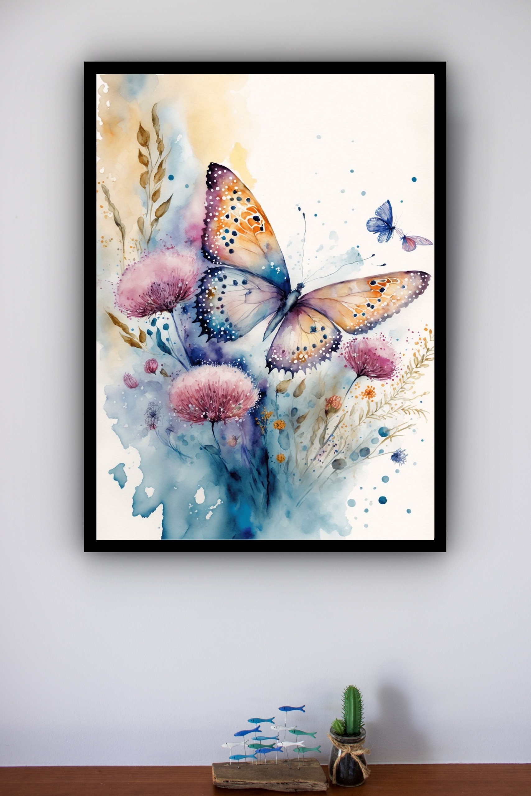 Quadro Decorativo Borboleta Flores Aquarela - 70x50 cm