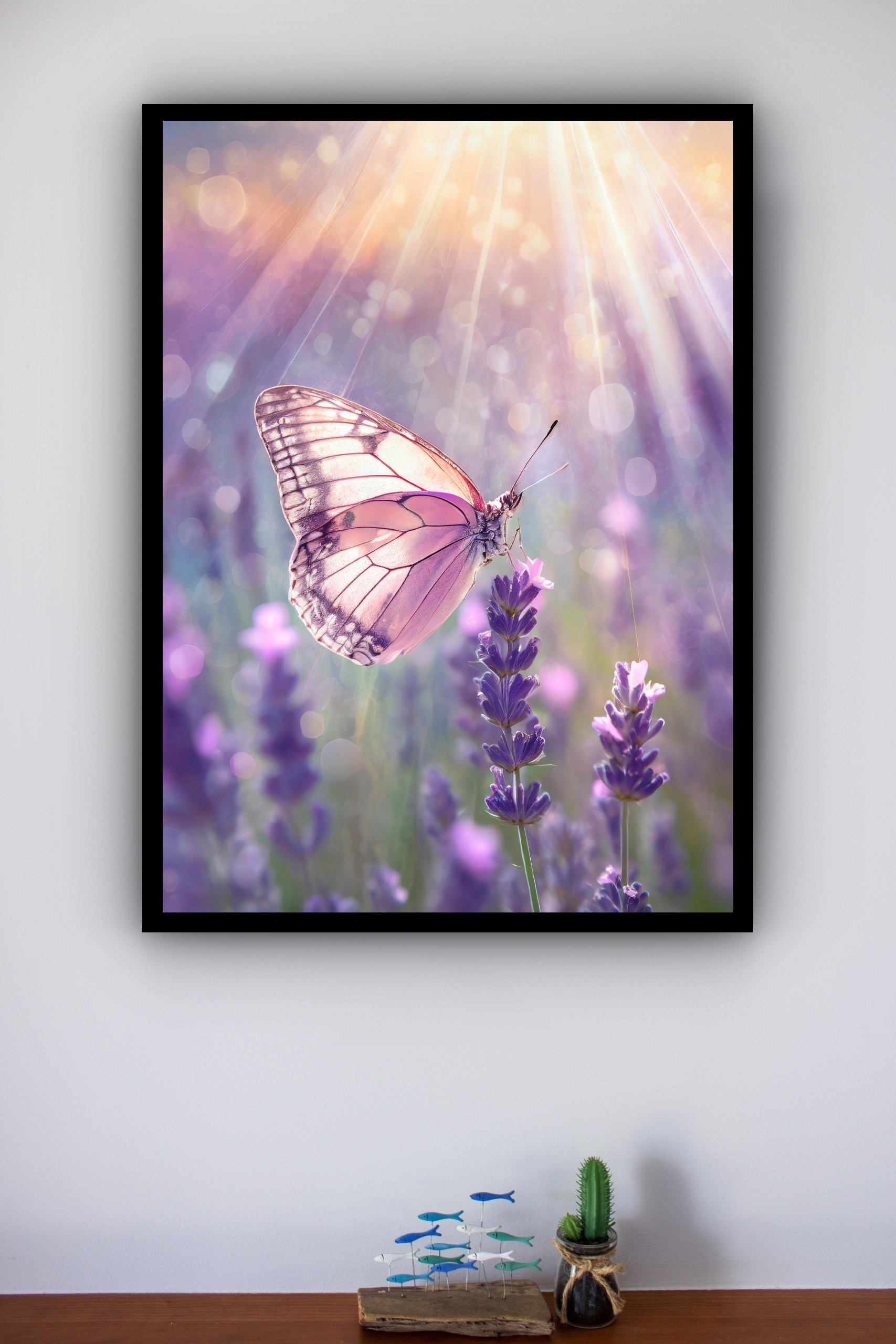 Quadro Decorativo Borboleta Rosa Raios Sol - 70x50 cm