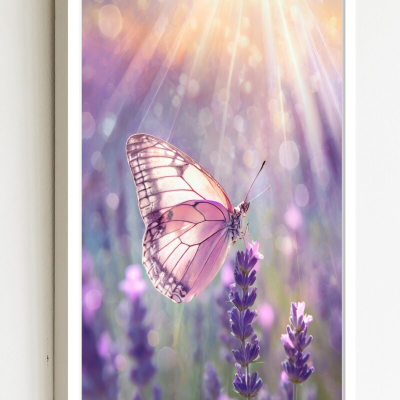 Quadro Decorativo Borboleta Rosa Raios Sol - 70x50 cm