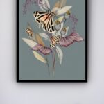 Quadro Decorativo Borboletas Ramo de Flor - 70x50 cm
