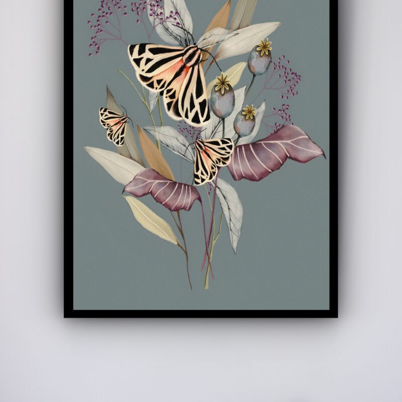 Quadro Decorativo Borboletas Ramo de Flor - 70x50 cm