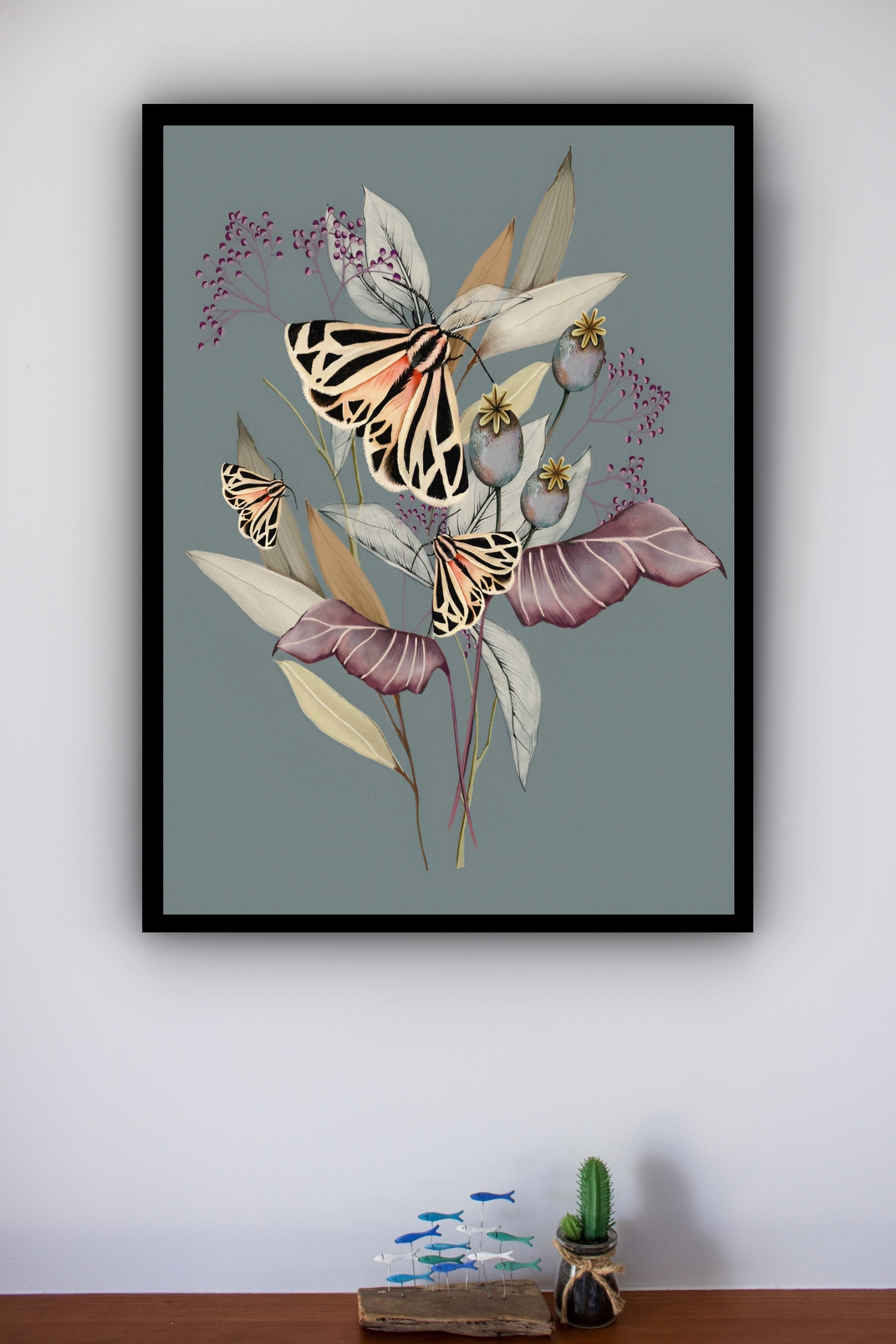 Quadro Decorativo Borboletas Ramo de Flor - 70x50 cm