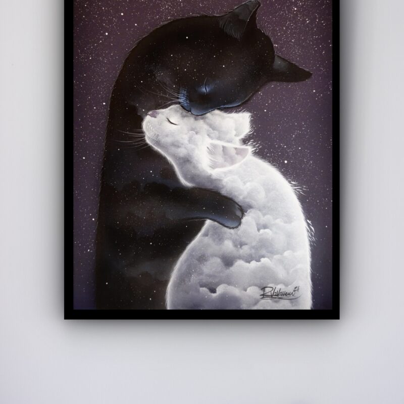 Quadro Decorativo Casal Gatos Galáxia e Nuvem - 70x50 cm