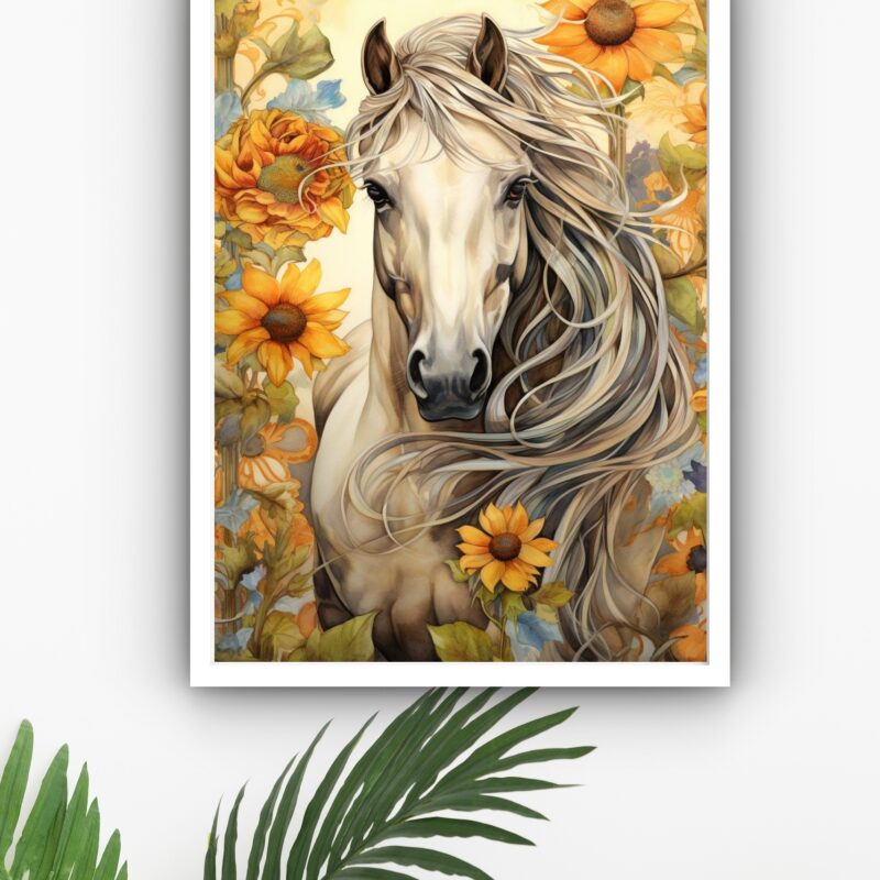 Quadro Decorativo Cavalo Com Girassóis - 70x50 cm