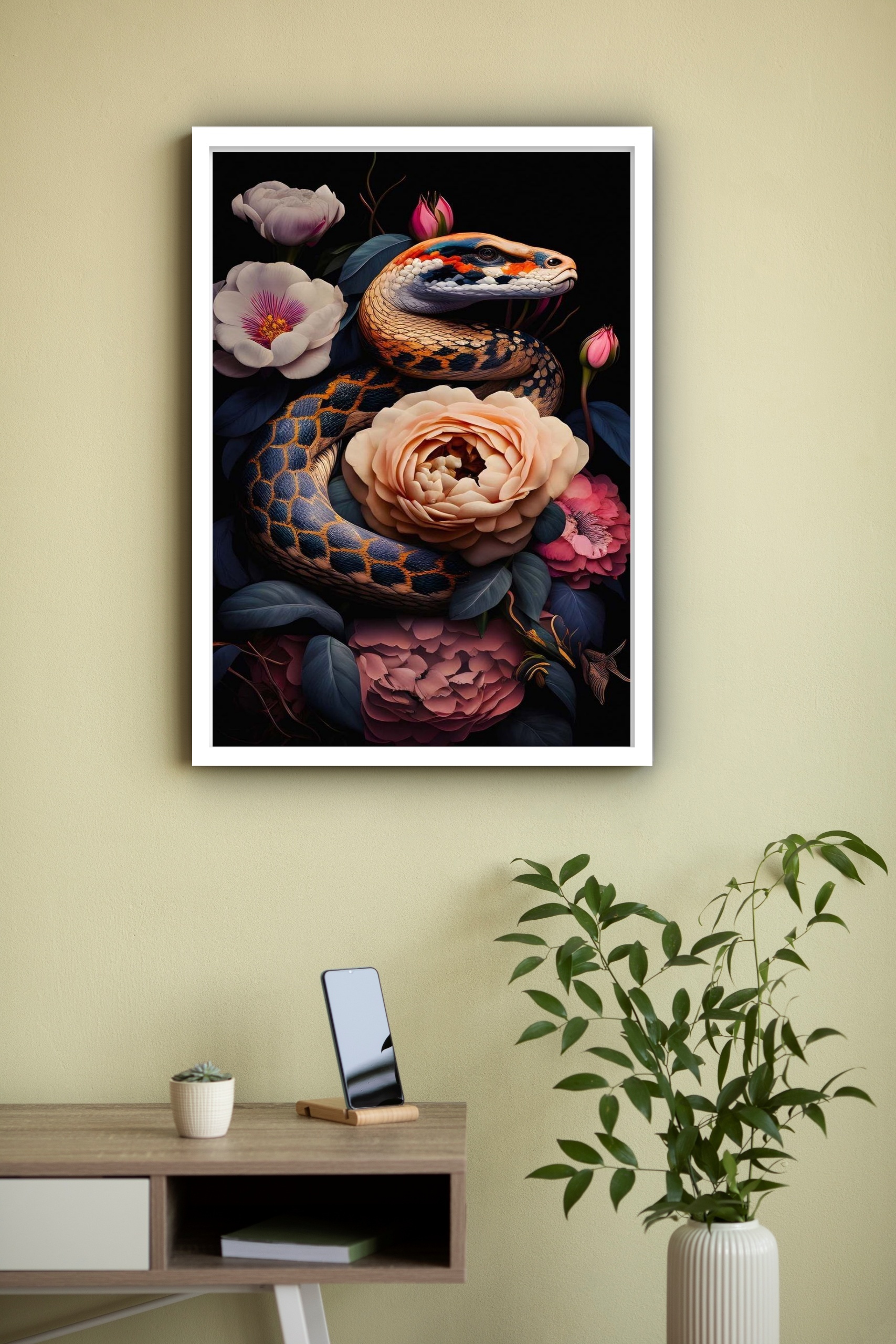 Quadro Decorativo Cobra Com Flores - 70x50 cm