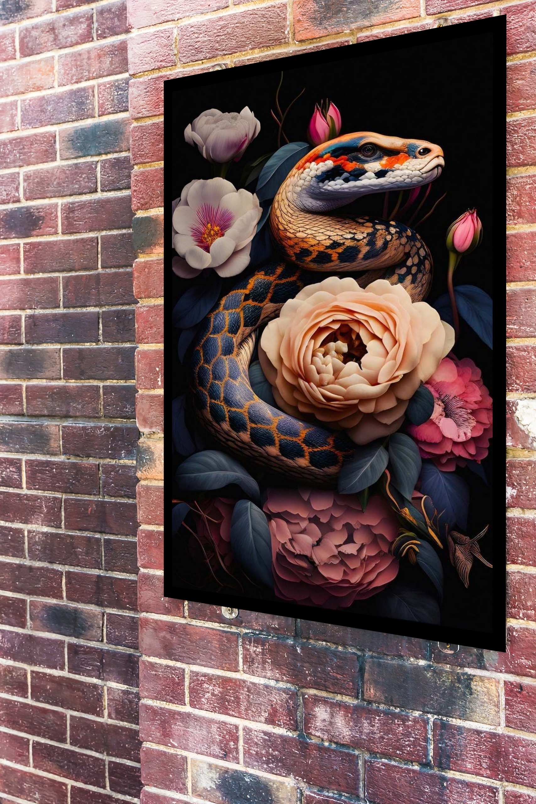 Quadro Decorativo Cobra Com Flores - 70x50 cm