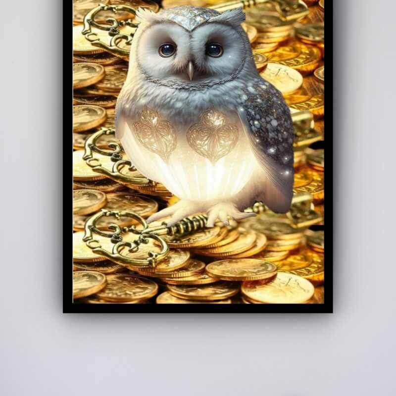 Quadro Decorativo Coruja Ouro Prosperidade - 70x50 cm