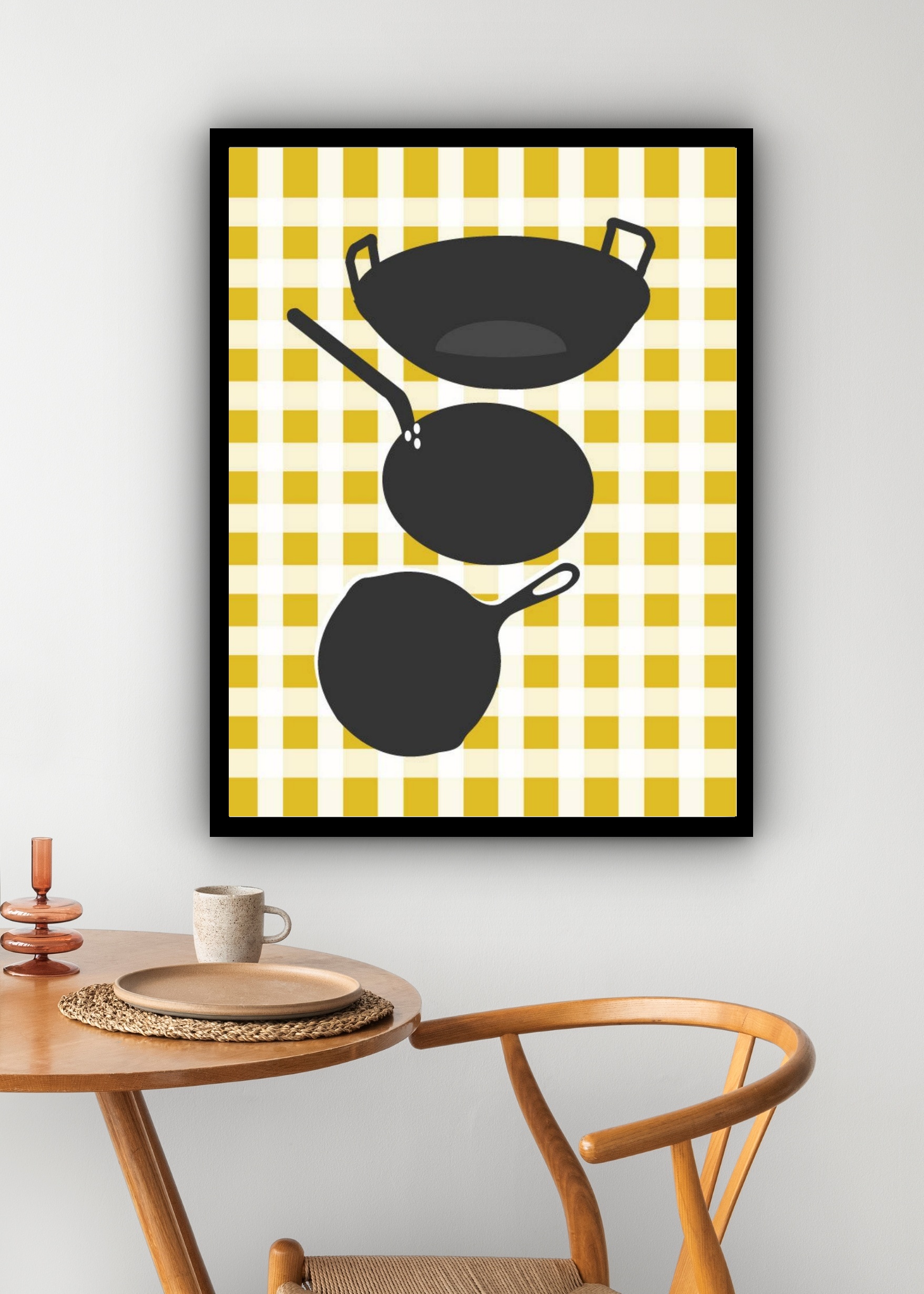 Quadro Decorativo Cozinha Panelas Fundo Xadrez - 70x50 cm