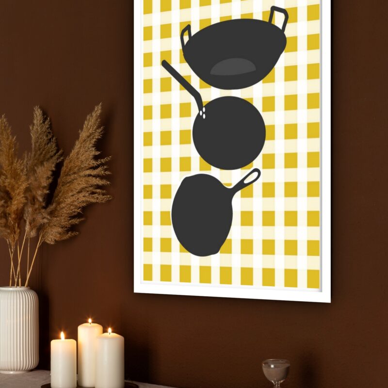 Quadro Decorativo Cozinha Panelas Fundo Xadrez - 70x50 cm