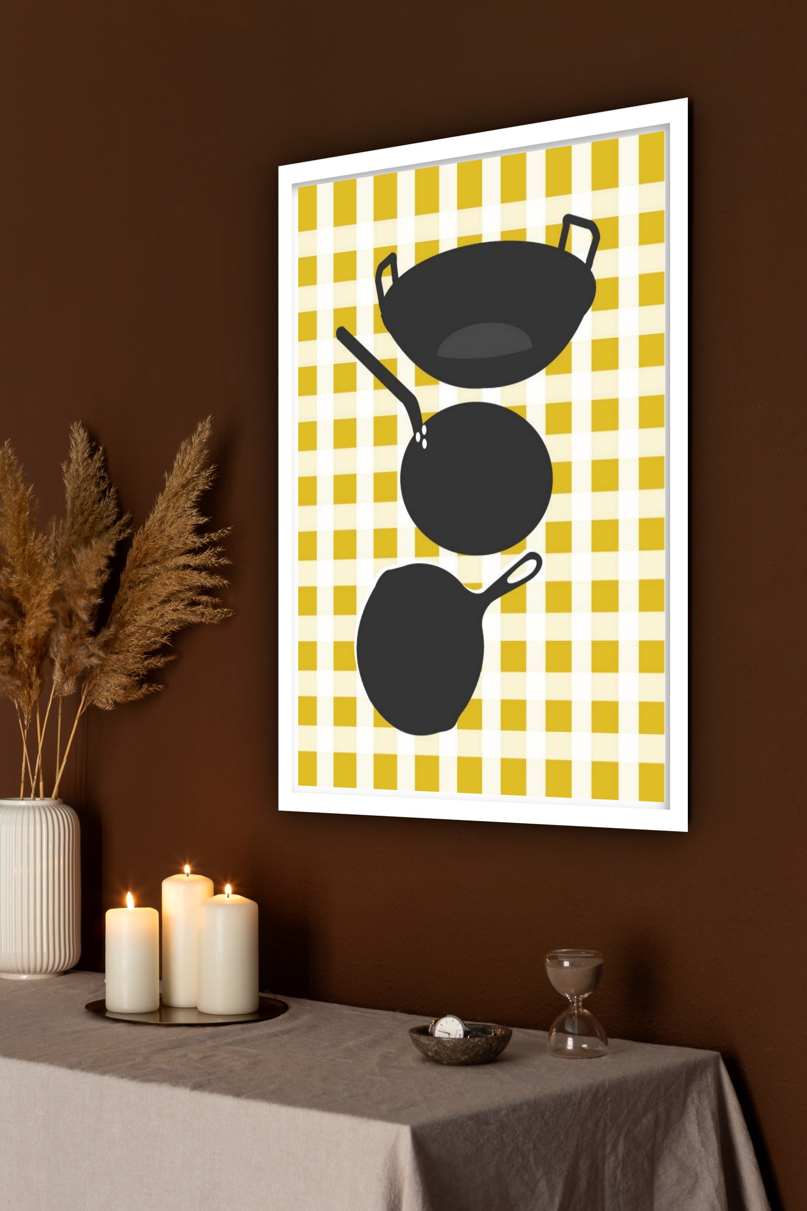 Quadro Decorativo Cozinha Panelas Fundo Xadrez - 70x50 cm