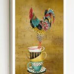 Quadro Decorativo Galo Nas Xícaras - 70x50 cm