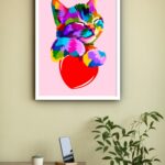 Quadro Decorativo Gatinho Colorido Coração Rosa - 70x50 cm