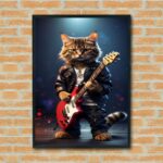 Quadro Decorativo Gatinho Roqueiro Guitarra - 70x50 cm
