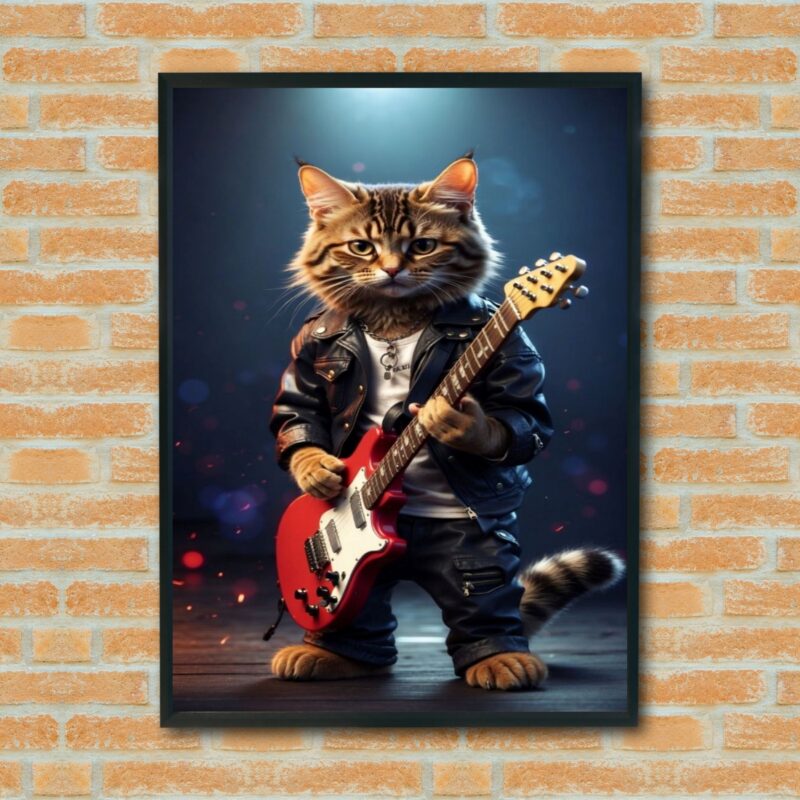Quadro Decorativo Gatinho Roqueiro Guitarra - 70x50 cm