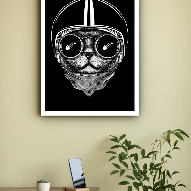 Quadro Decorativo Gato Motoqueiro P&B - 70x50 cm