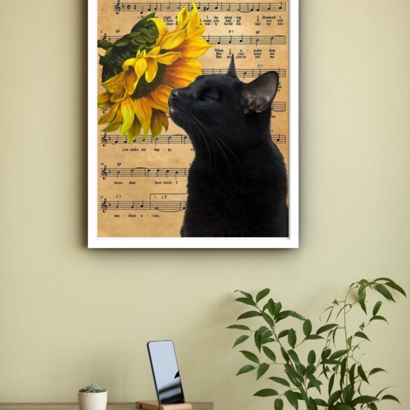 Quadro Decorativo Gato Preto Girassol Sunchine - 70x50 cm