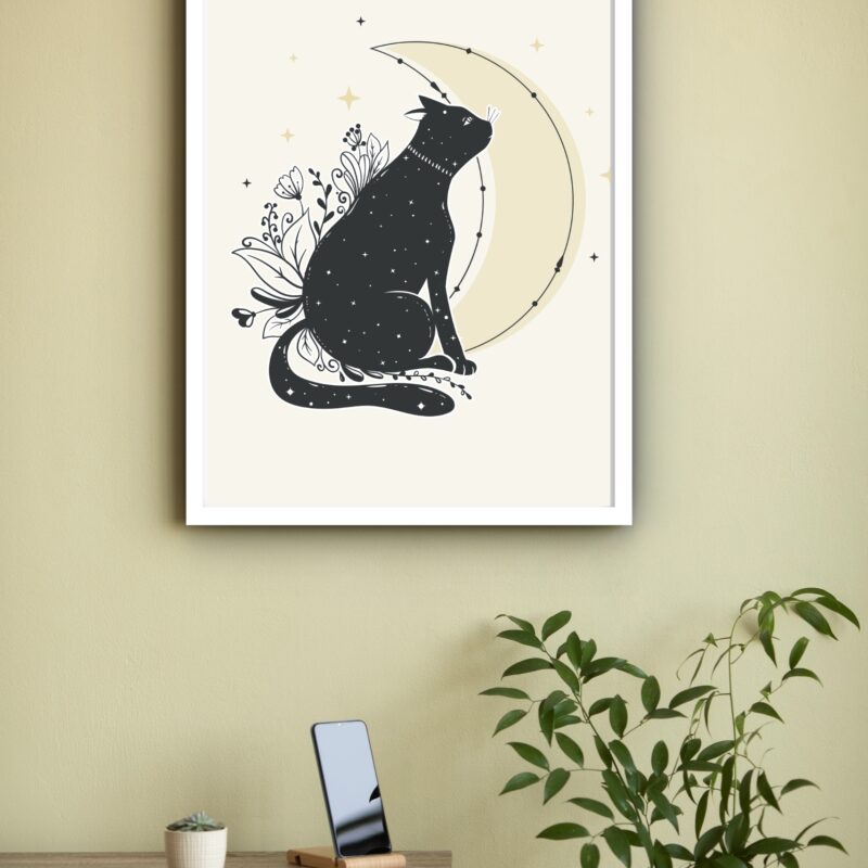 Quadro Decorativo Gato Preto Lua Amarela - 70x50 cm