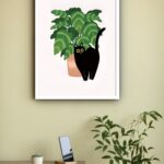Quadro Decorativo Gato Preto Vaso de Planta - 70x50 cm