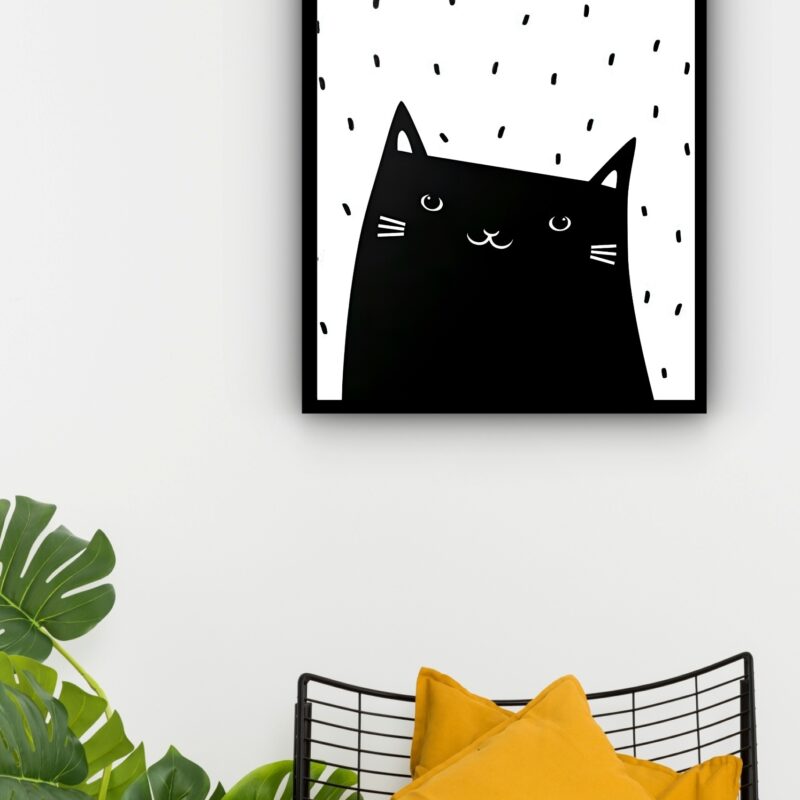 Quadro Decorativo Gato Preto e Branco - 70x50 cm