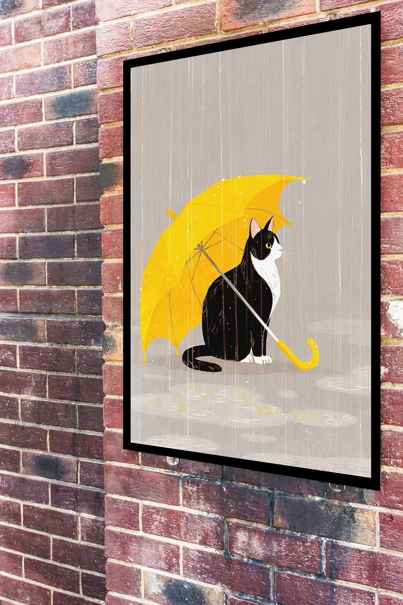 Quadro Decorativo Gato Sombrinha Amarela - 70x50 cm