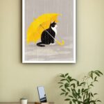Quadro Decorativo Gato Sombrinha Amarela - 70x50 cm