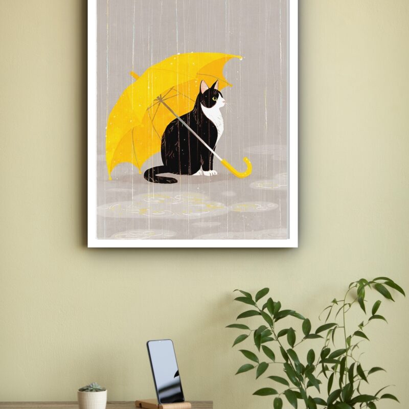 Quadro Decorativo Gato Sombrinha Amarela - 70x50 cm