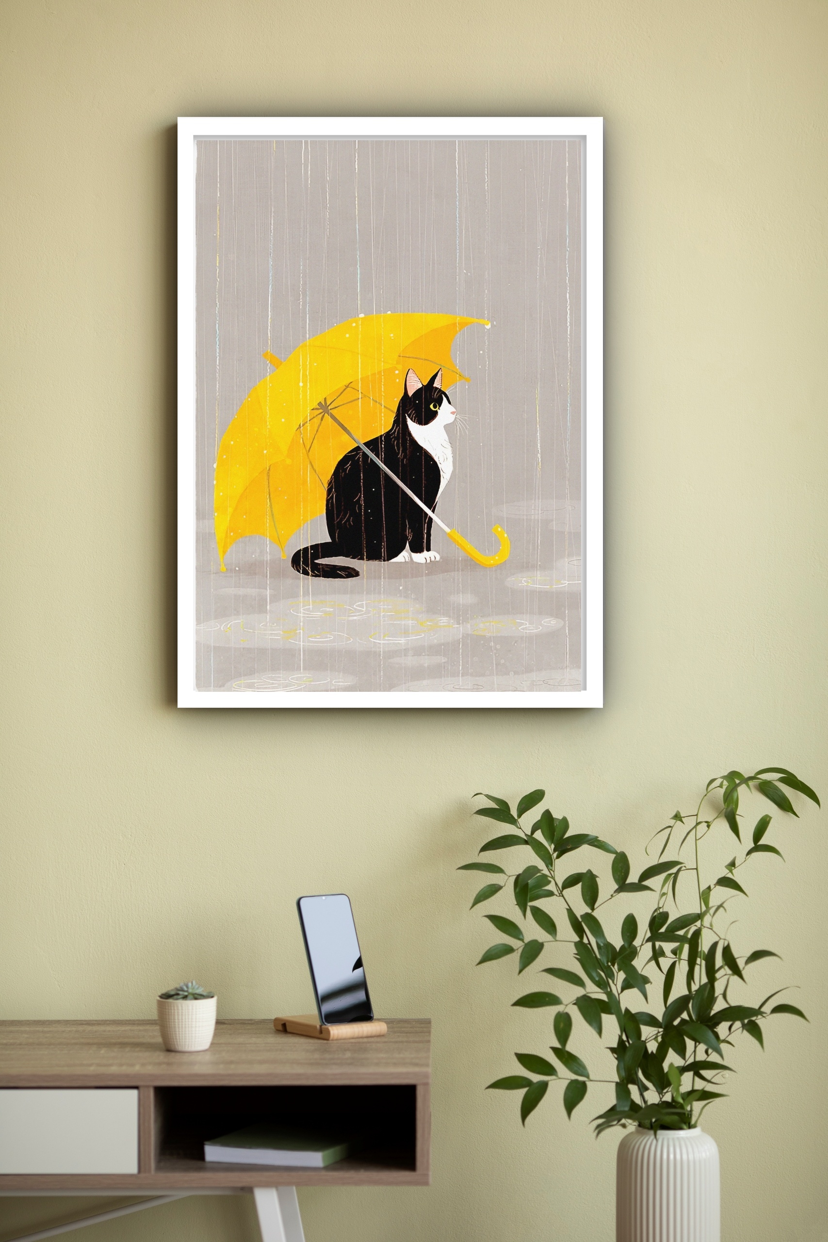 Quadro Decorativo Gato Sombrinha Amarela - 70x50 cm