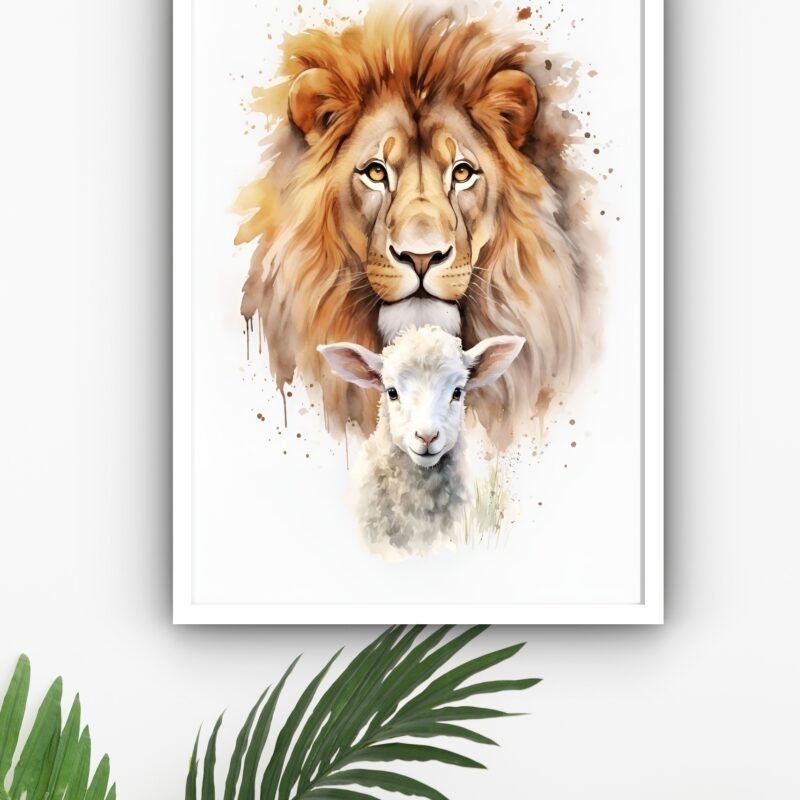 Quadro Decorativo Leão Com Cordeiro Aquarela - 70x50 cm