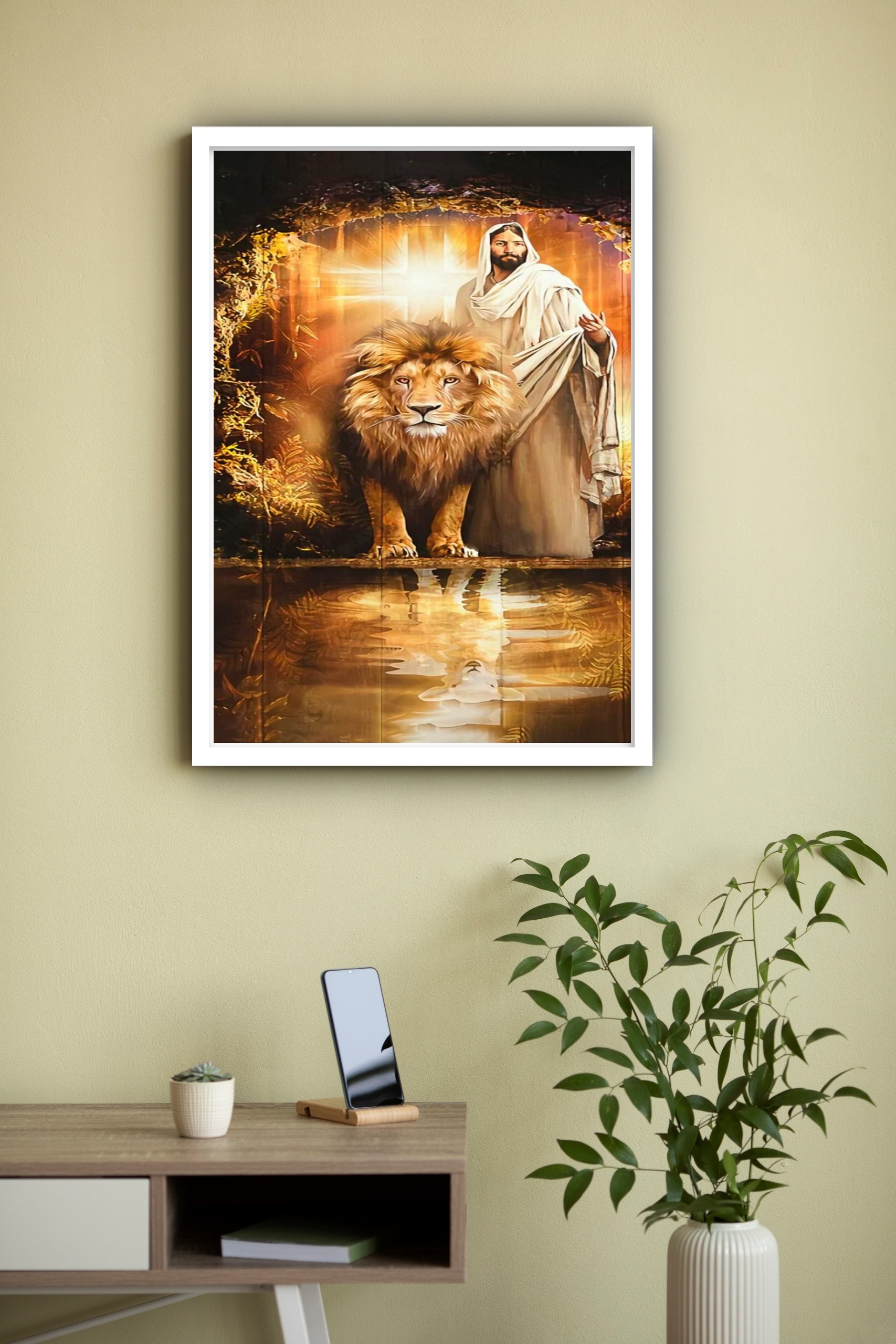 Quadro Decorativo Leão Cordeiro Jesus - 70x50 cm