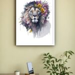 Quadro Decorativo Leão Flores Aquarela - 70x50 cm