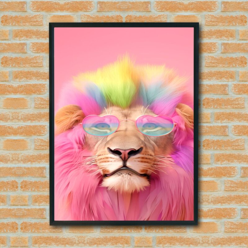 Quadro Decorativo Leão Óculos Coração Rosa - 70x50 cm