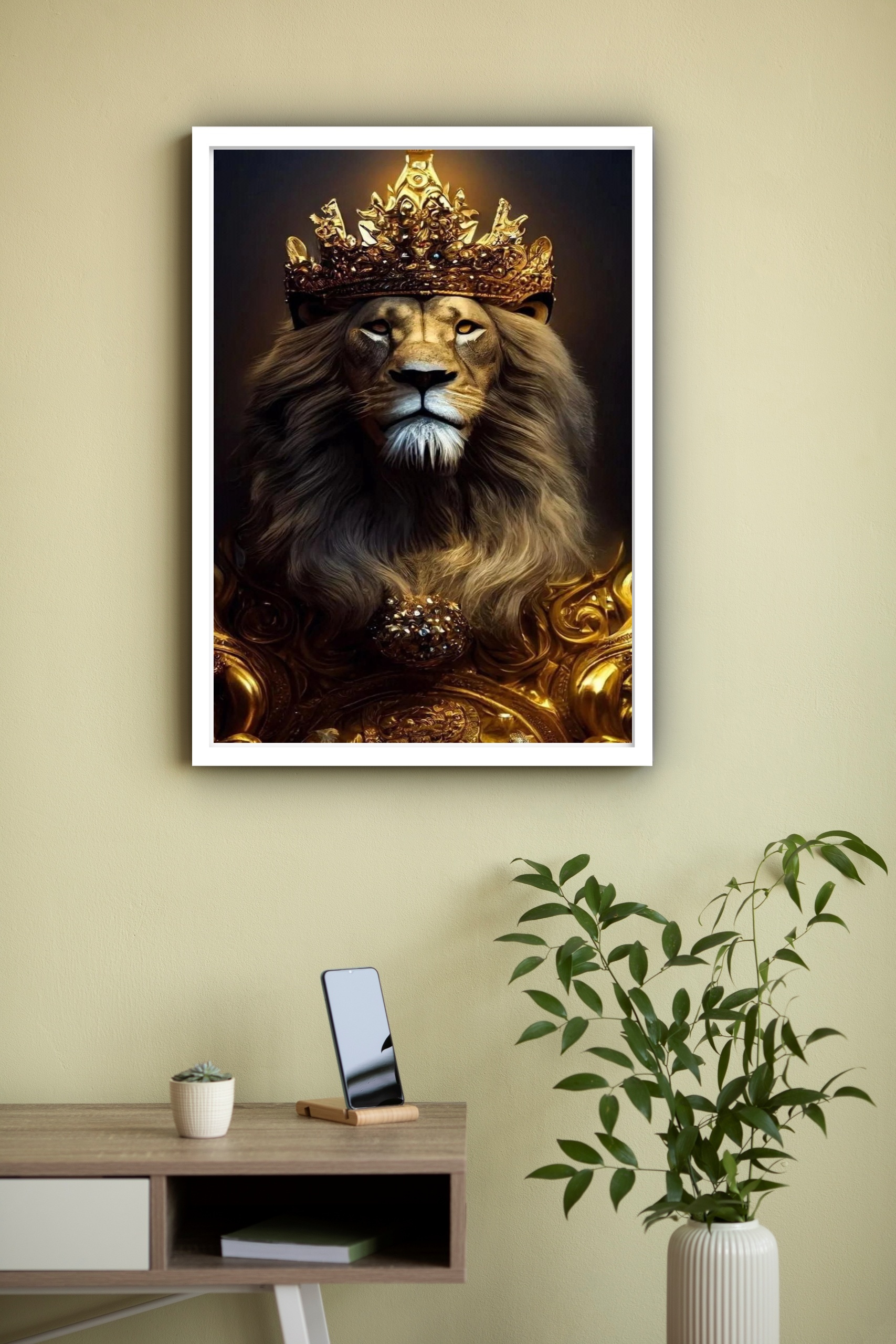 Quadro Decorativo Leão Rei Dourado - 70x50 cm