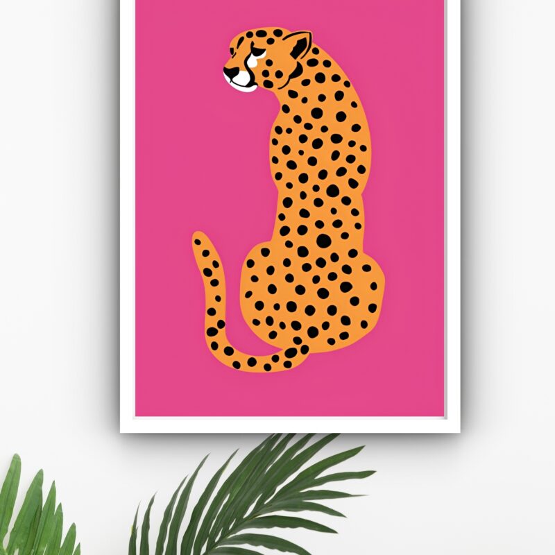 Quadro Decorativo Leopardo Fundo Rosa - 70x50 cm