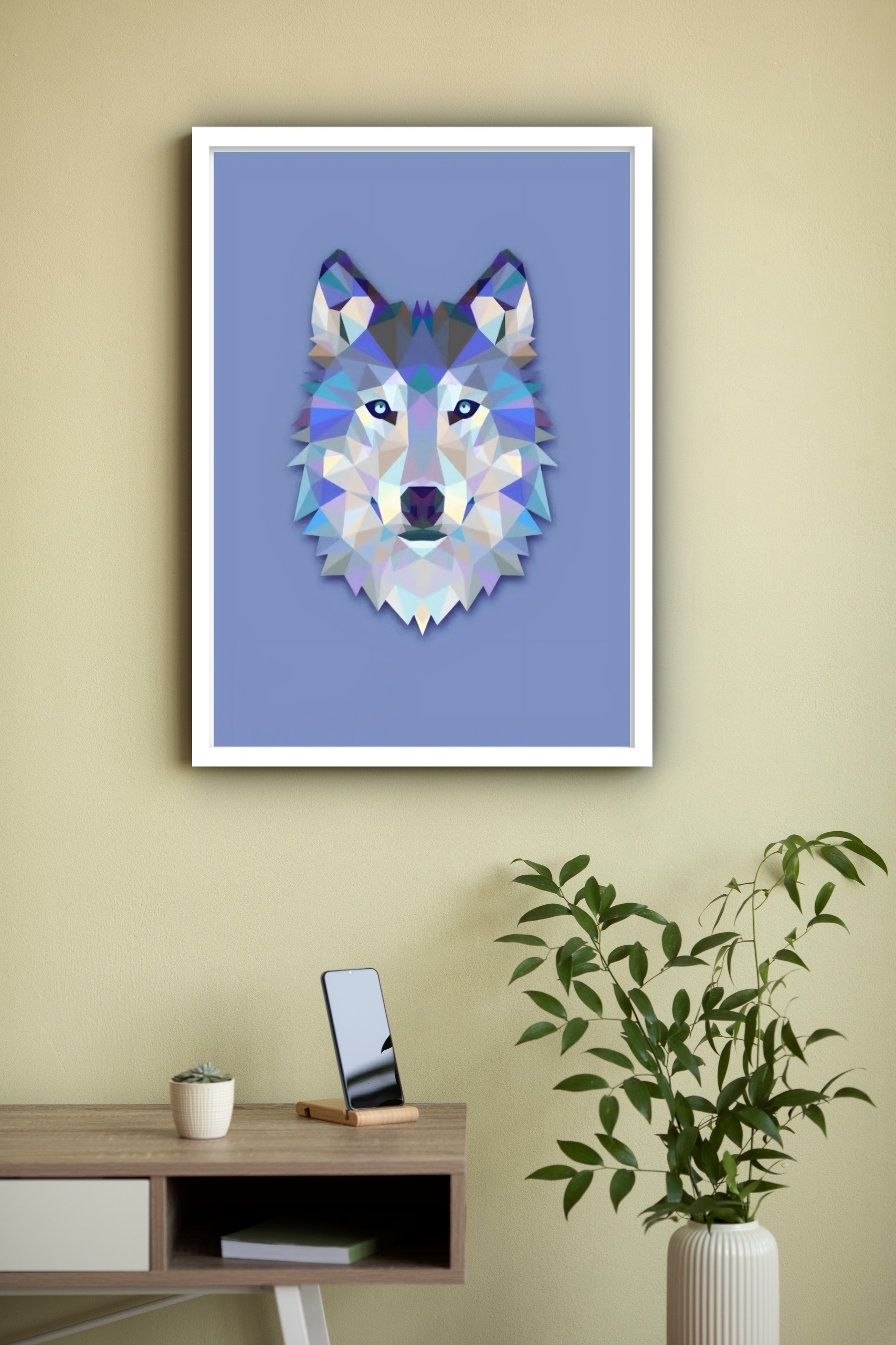Quadro Decorativo Lobo Geométrico Azul - 70x50 cm