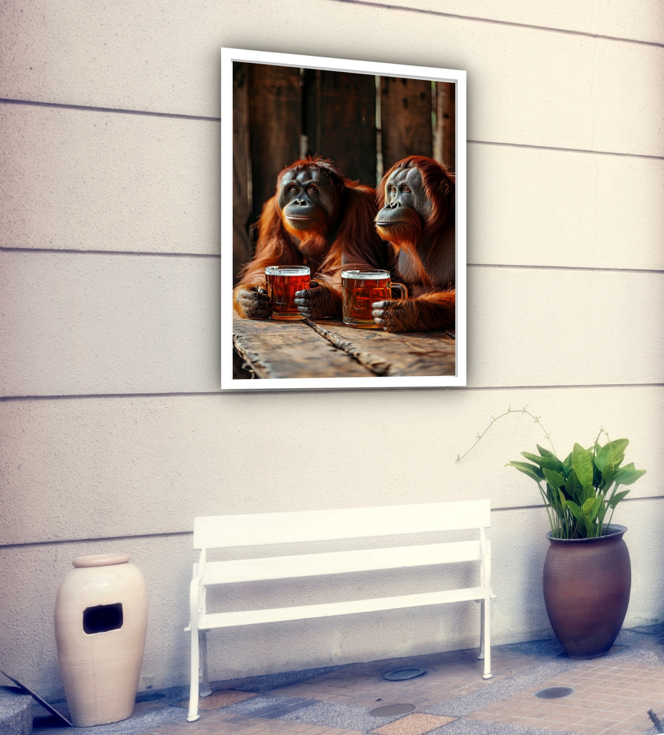 Quadro Decorativo Orangotangos Tomando Cerveja - 70x50 cm